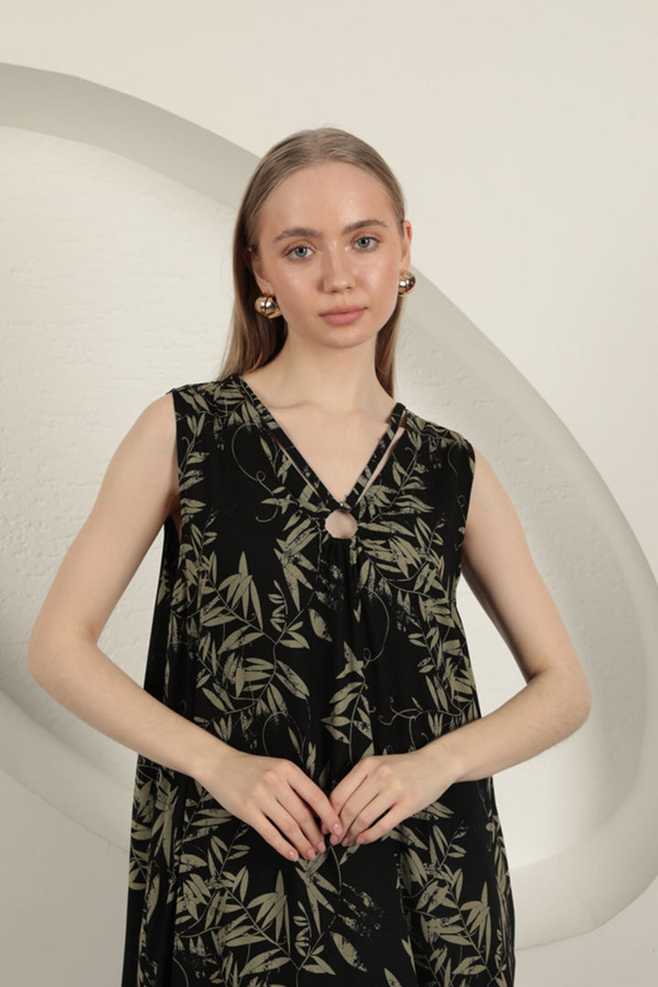 KKT Viscose Fabric Leaf Patterned Dress-Khaki - West Jordan