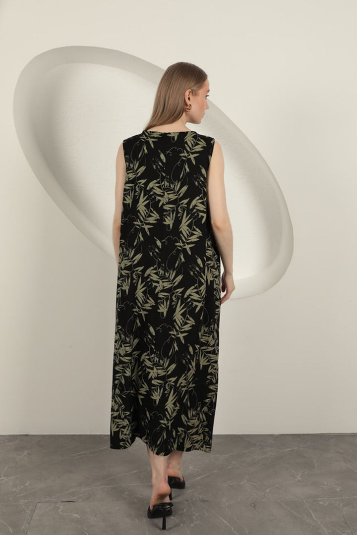KKT Viscose Fabric Leaf Patterned Dress-Khaki - West Jordan
