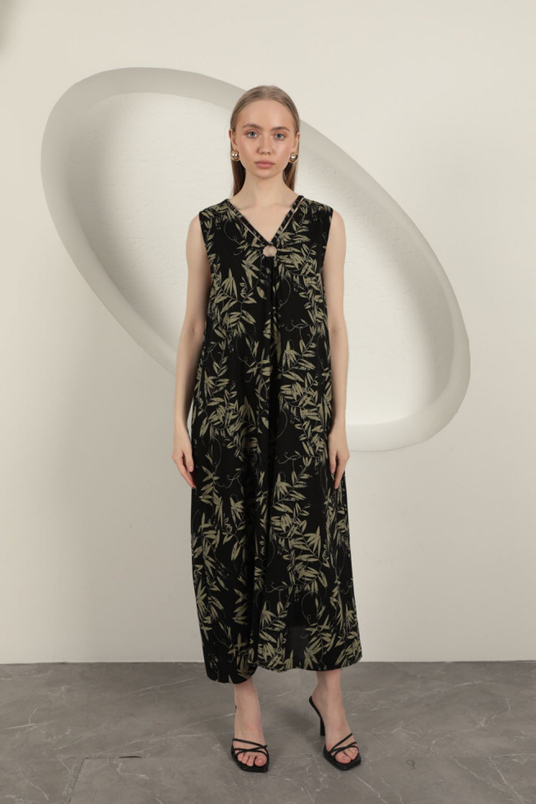 KKT Viscose Fabric Leaf Patterned Dress-Khaki - West Jordan