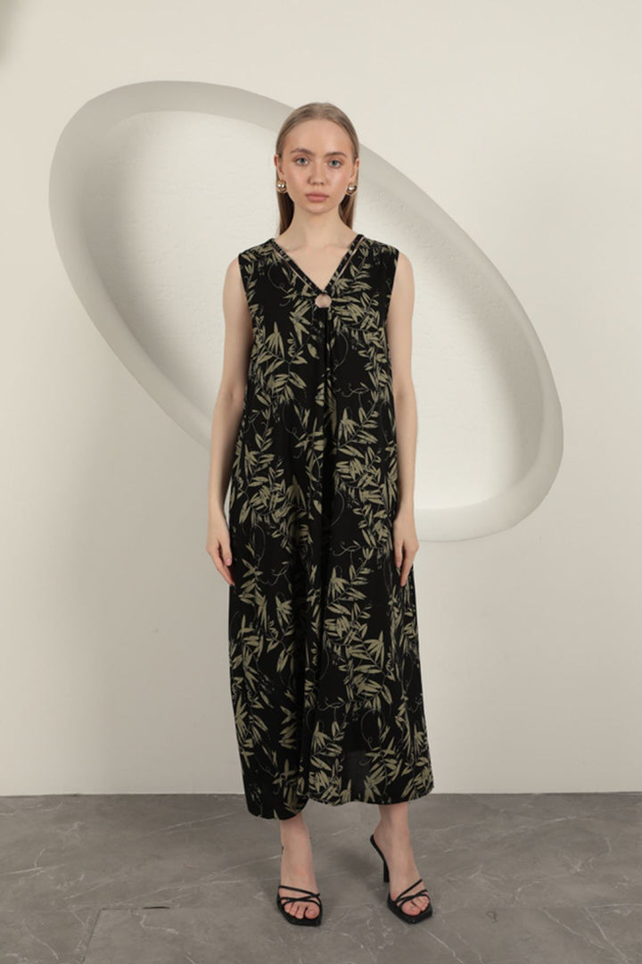 KKT Viscose Fabric Leaf Patterned Dress-Khaki - West Jordan