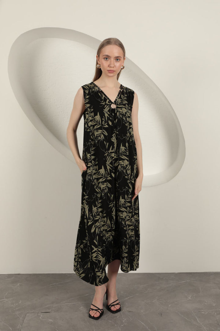KKT Viscose Fabric Leaf Patterned Dress-Khaki - West Jordan