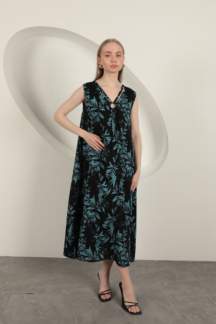 KKT Viscose Fabric Leaf Patterned Dress-Blue - Flint