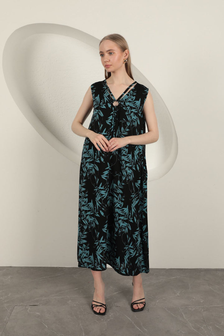 KKT Viscose Fabric Leaf Patterned Dress-Blue - Flint