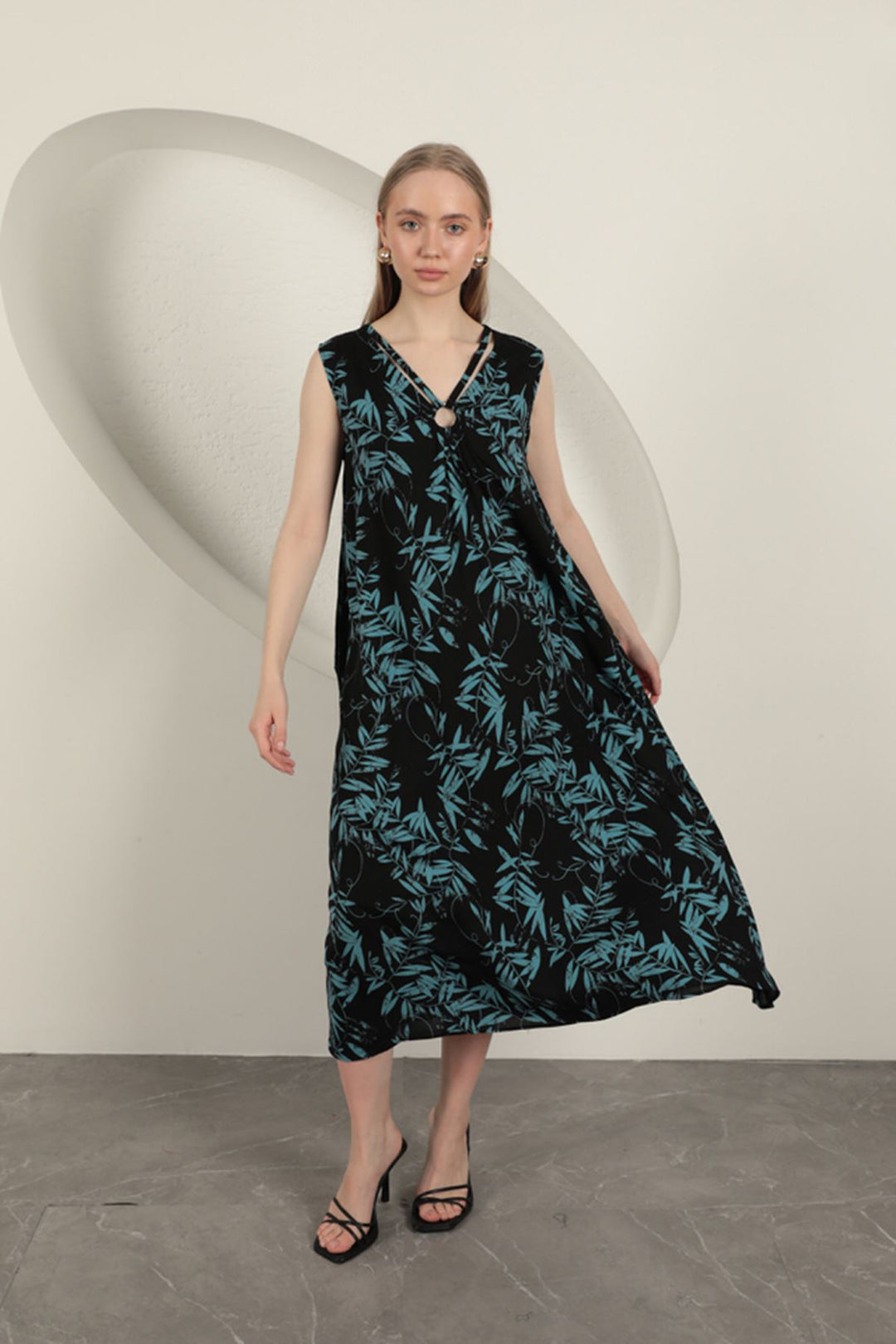 KKT Viscose Fabric Leaf Patterned Dress-Blue - Flint