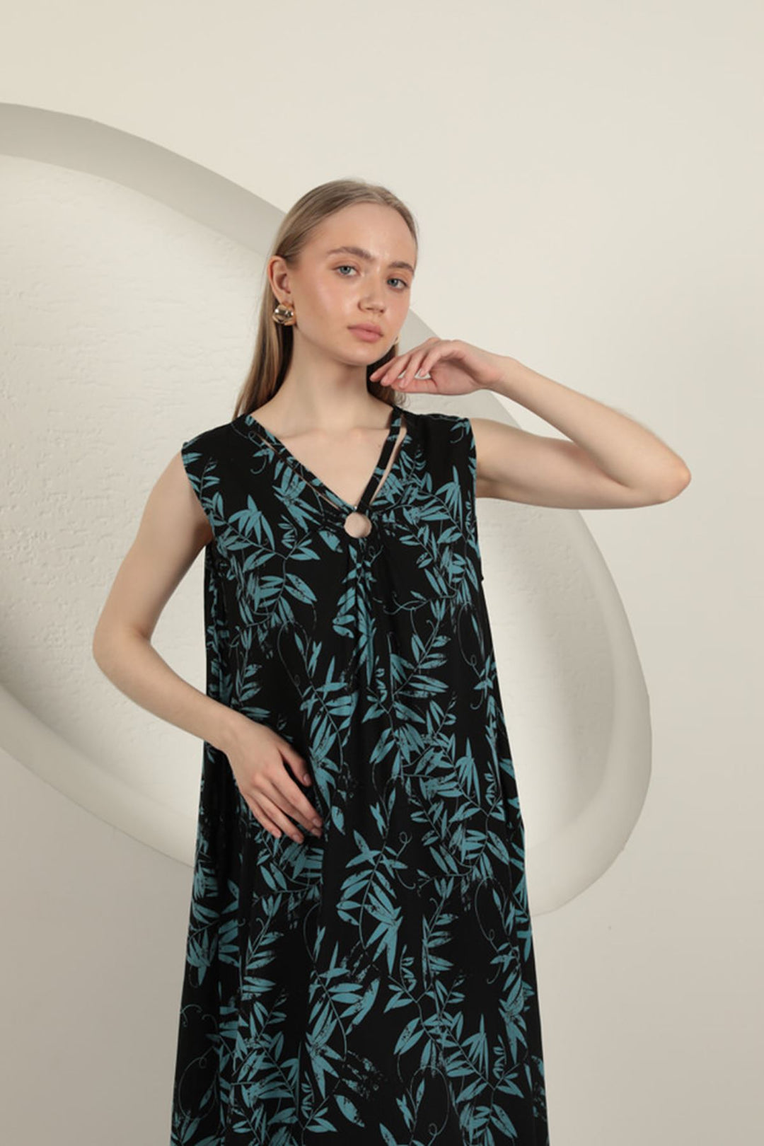 KKT Viscose Fabric Leaf Patterned Dress-Blue - Flint