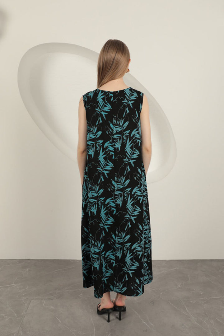 KKT Viscose Fabric Leaf Patterned Dress-Blue - Flint