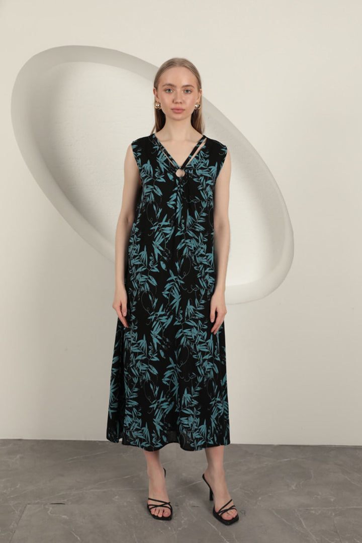 KKT Viscose Fabric Leaf Patterned Dress-Blue - Flint