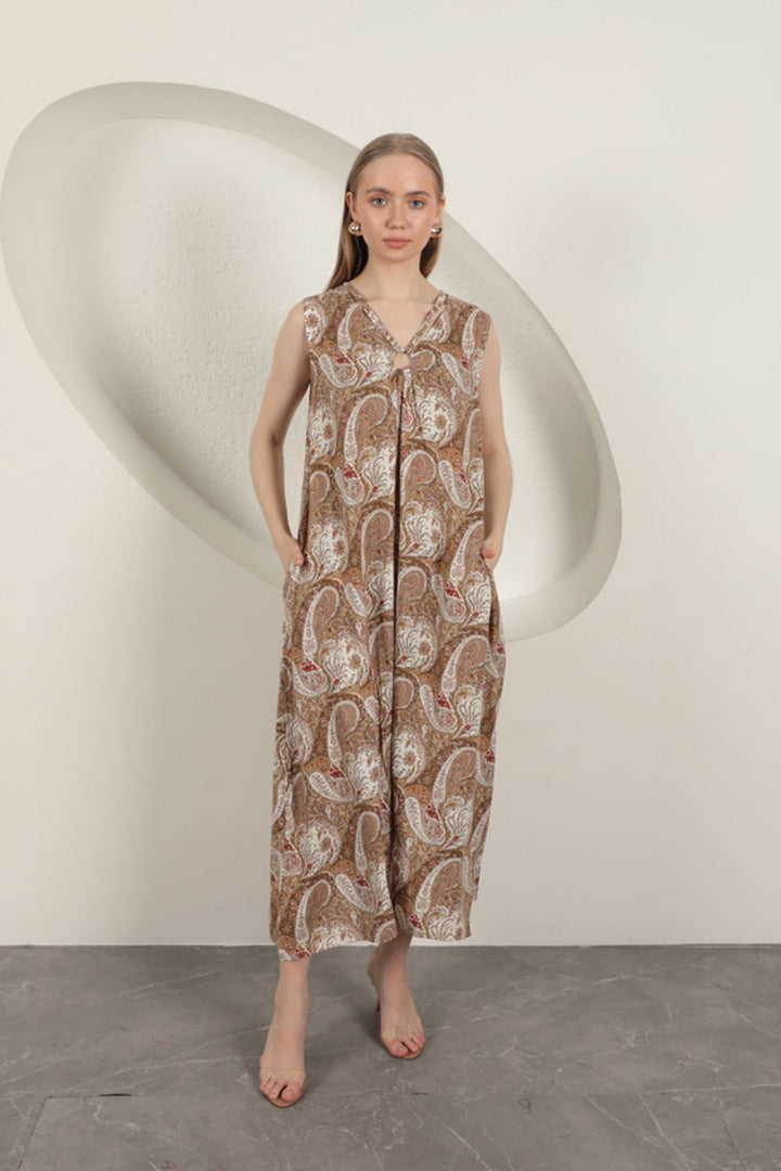 KKT Viscose Fabric Ethnic Patterned Dress-Beige - Blaine