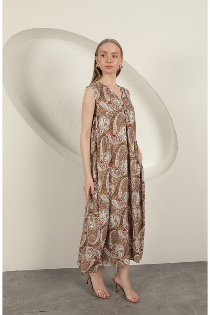 KKT Viscose Fabric Ethnic Patterned Dress-Beige - Blaine