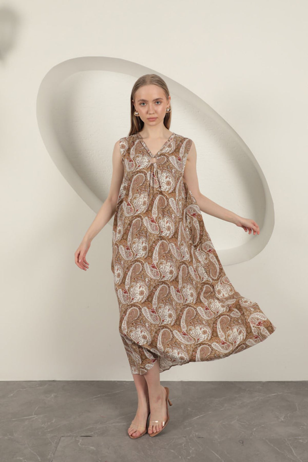 KKT Viscose Fabric Ethnic Patterned Dress-Beige - Blaine