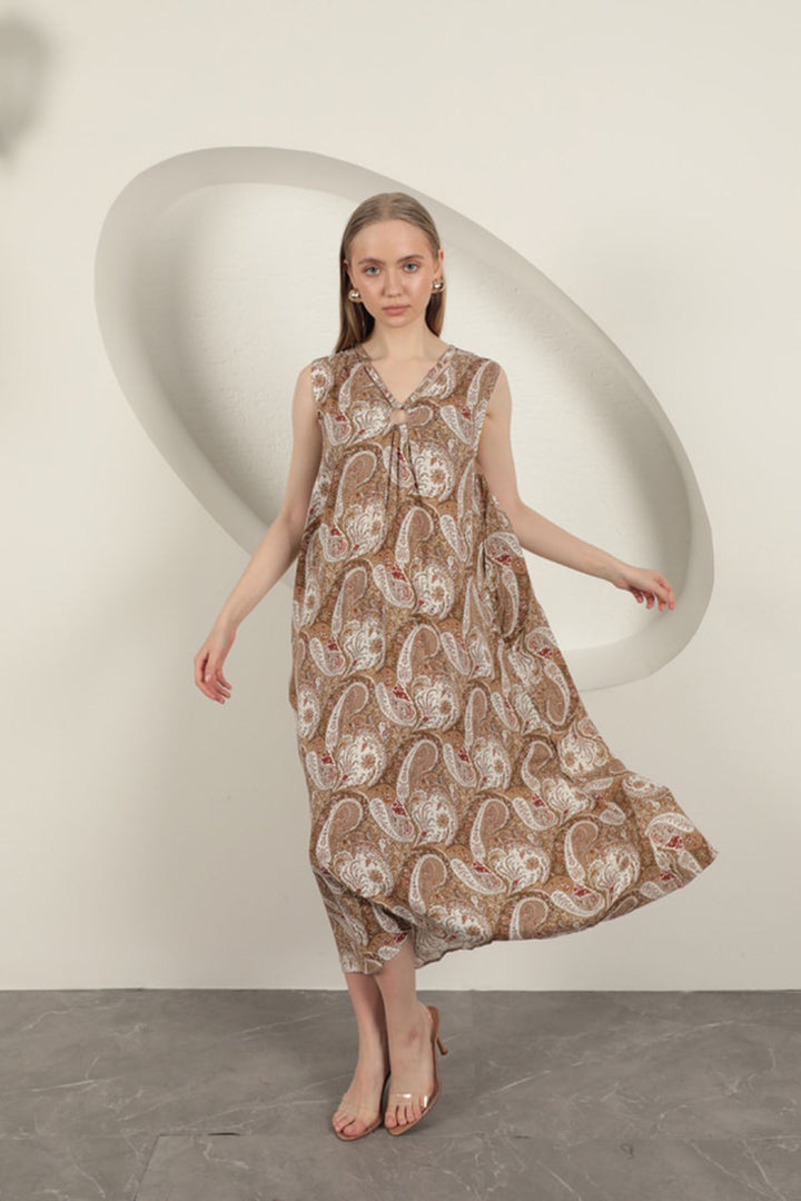 KKT Viscose Fabric Ethnic Patterned Dress-Beige - Blaine