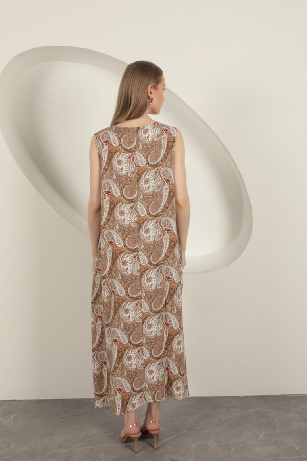 KKT Viscose Fabric Ethnic Patterned Dress-Beige - Blaine