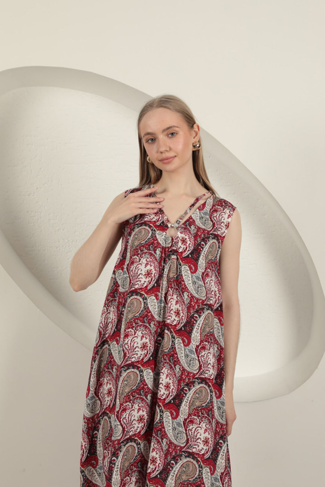 KKT Viscose Fabric Ethnic Patterned Dress-Red - San Pedro Garza García