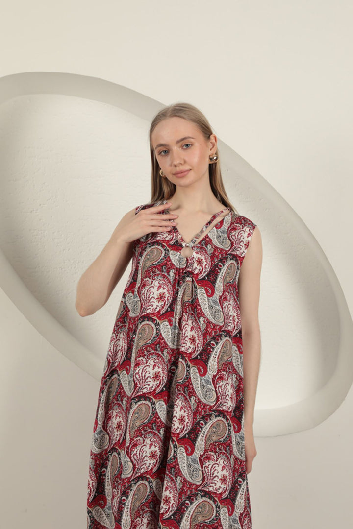 KKT Viscose Fabric Ethnic Patterned Dress-Red - San Pedro Garza García