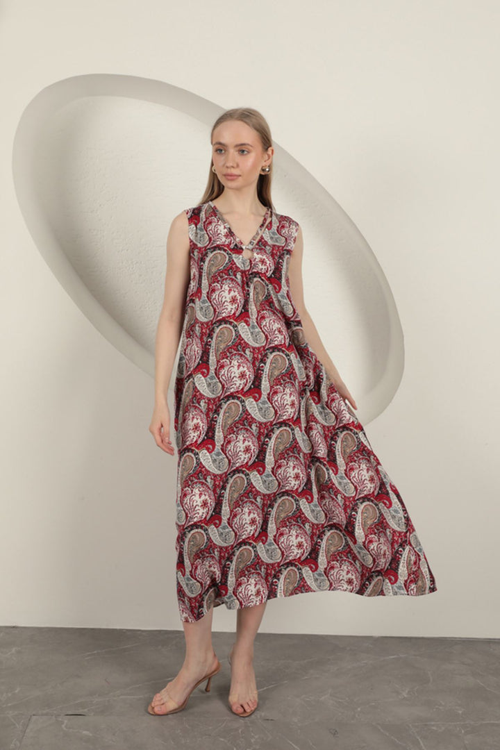 KKT Viscose Fabric Ethnic Patterned Dress-Red - San Pedro Garza García