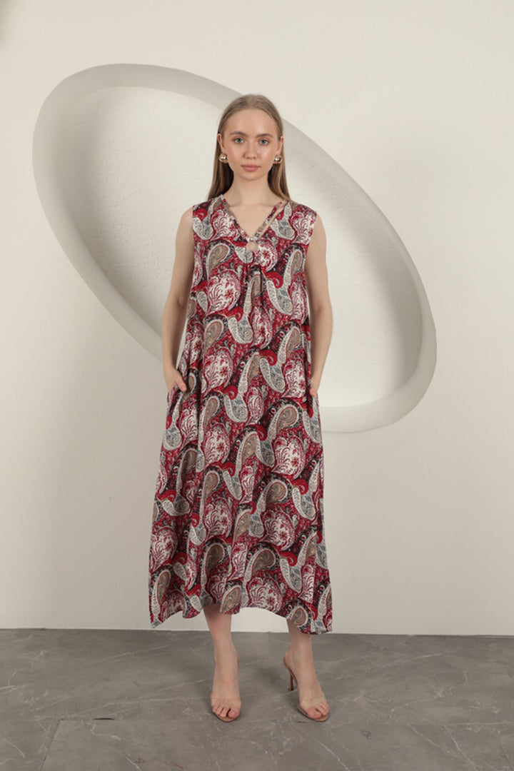 KKT Viscose Fabric Ethnic Patterned Dress-Red - San Pedro Garza García