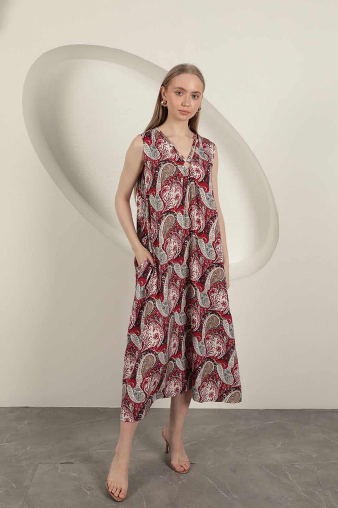 KKT Viscose Fabric Ethnic Patterned Dress-Red - San Pedro Garza García