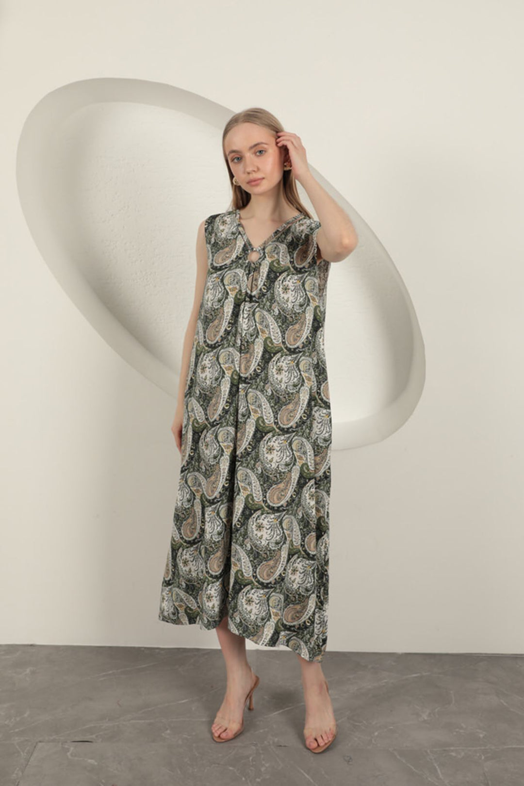 KKT Viscose Fabric Ethnic Patterned Dress-Green - Olney