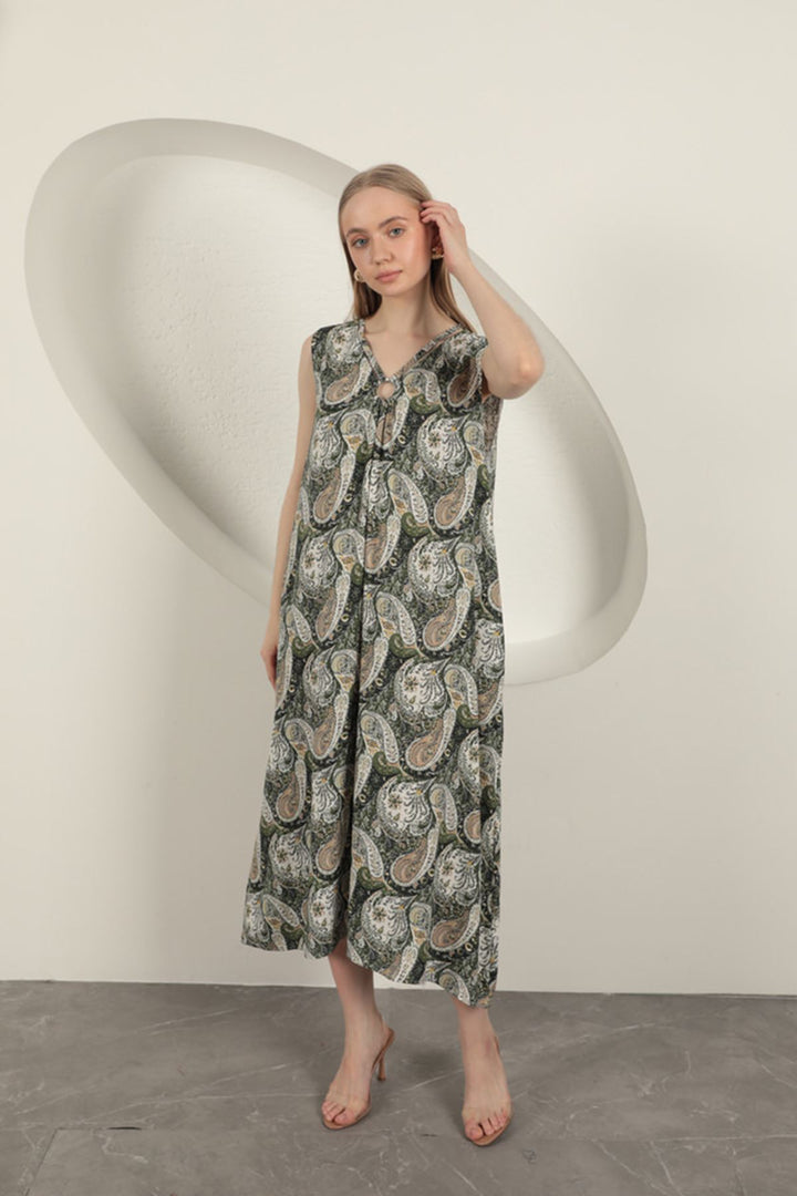 KKT Viscose Fabric Ethnic Patterned Dress-Green - Olney