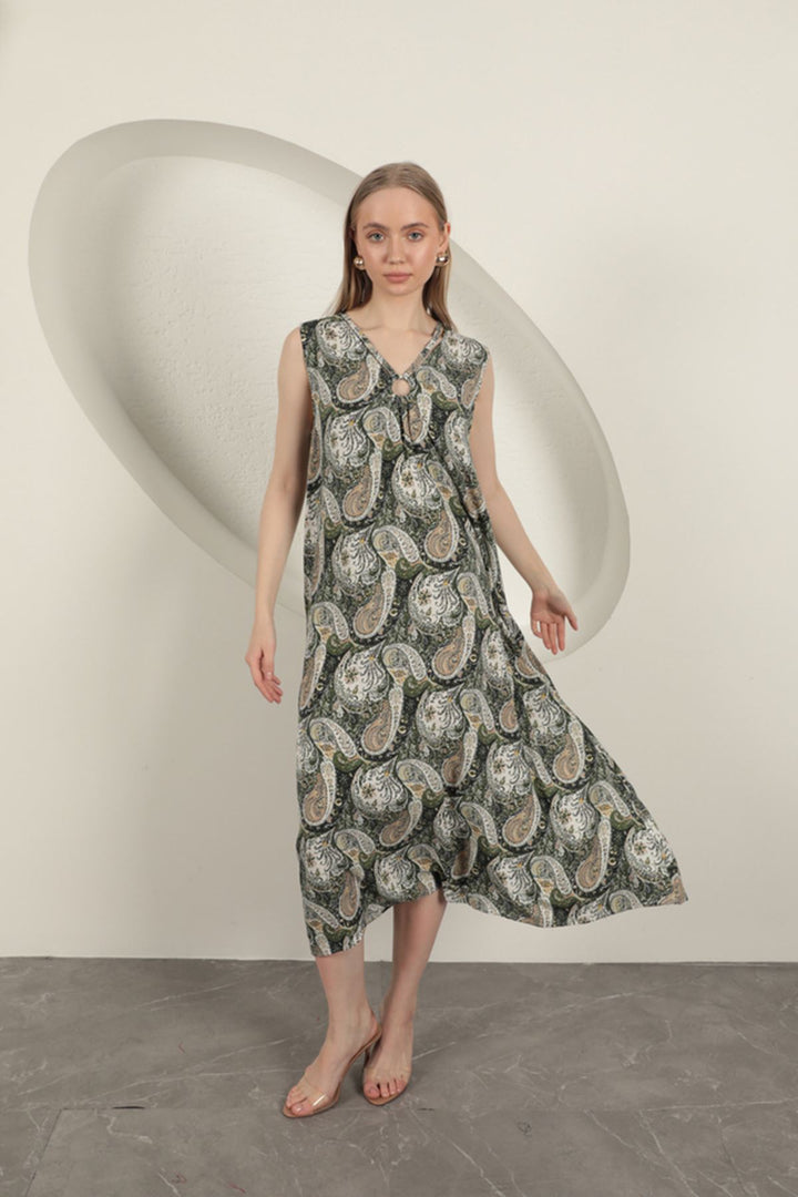 KKT Viscose Fabric Ethnic Patterned Dress-Green - Olney