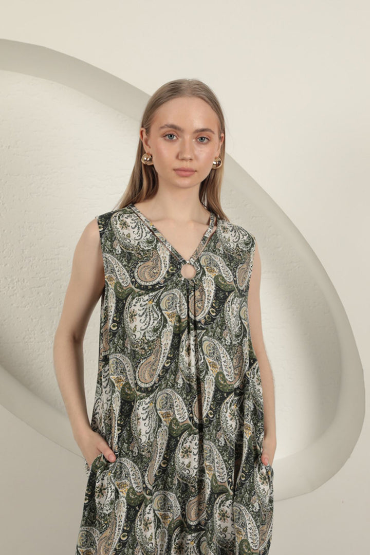 KKT Viscose Fabric Ethnic Patterned Dress-Green - Olney