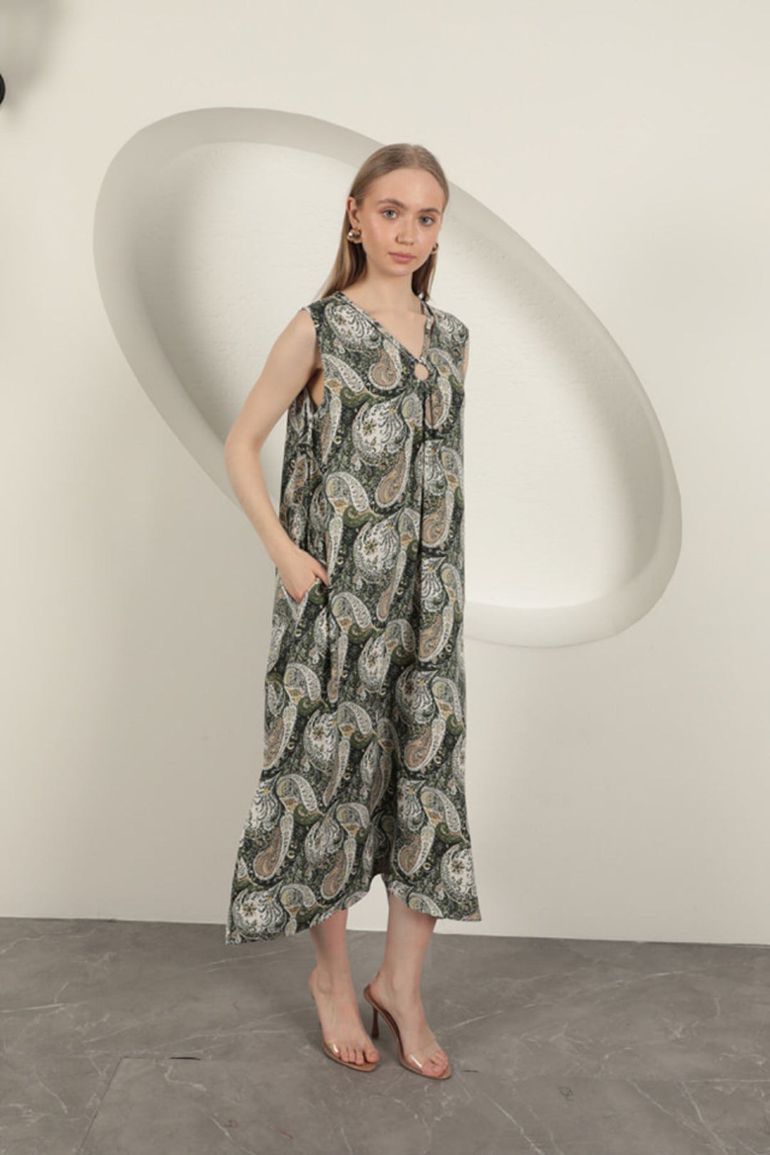 KKT Viscose Fabric Ethnic Patterned Dress-Green - Olney