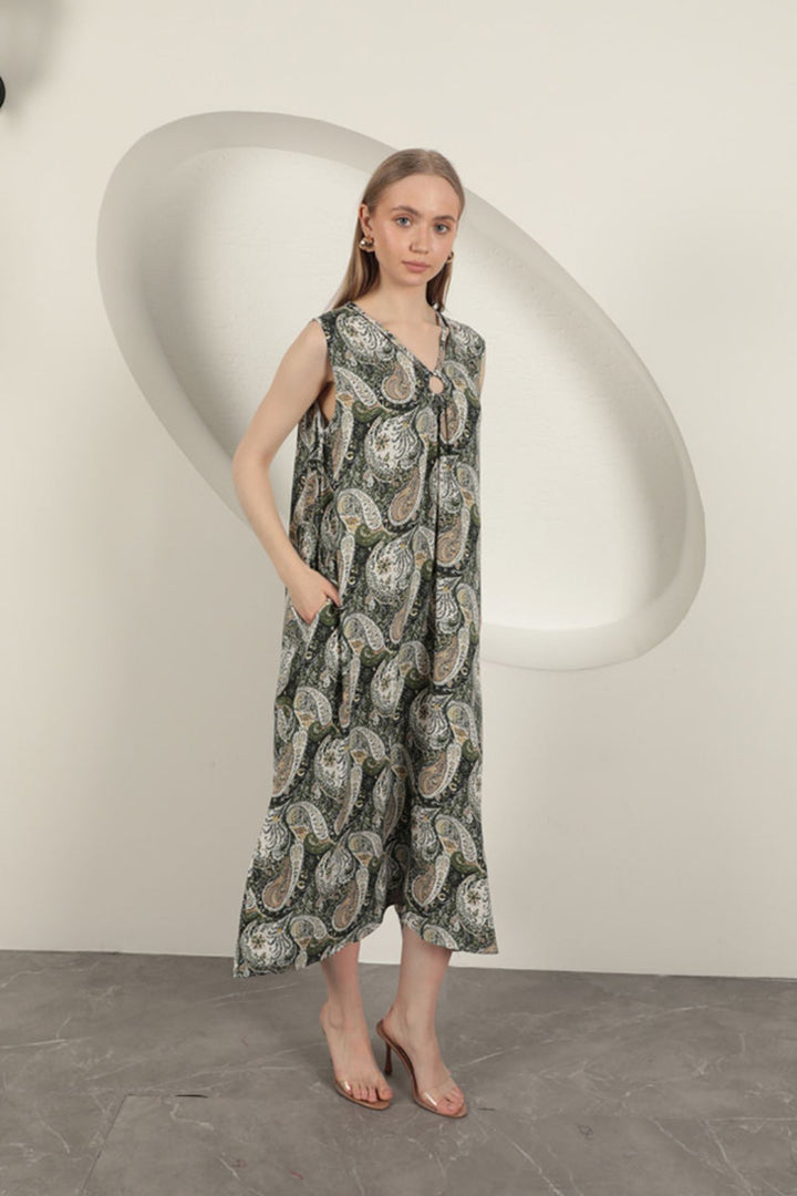 KKT Viscose Fabric Ethnic Patterned Dress-Green - Olney