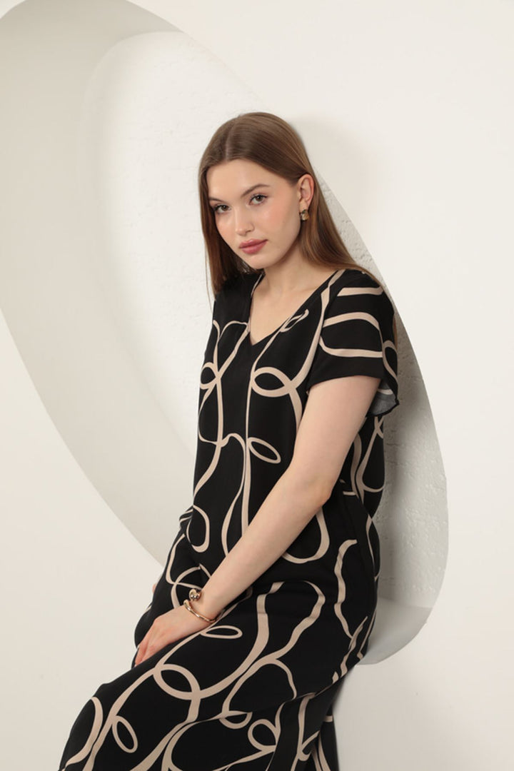 KKT Viscose Fabric Striped Patterned Dress-Black/Beige - Melbourne