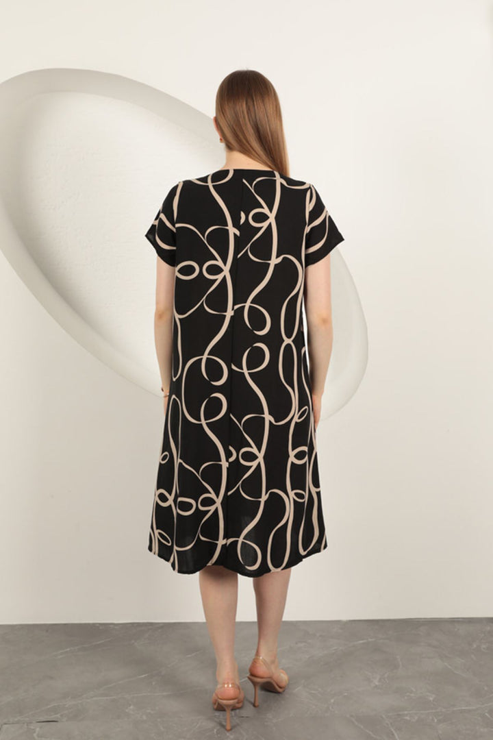 KKT Viscose Fabric Striped Patterned Dress-Black/Beige - Melbourne