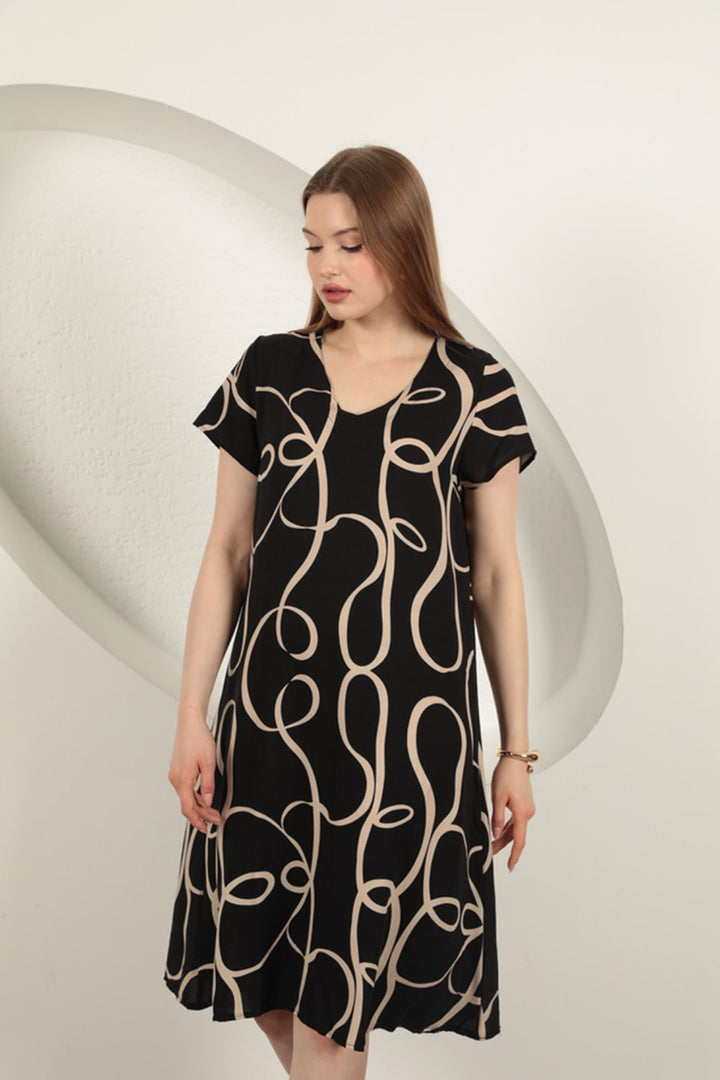 KKT Viscose Fabric Striped Patterned Dress-Black/Beige - Melbourne