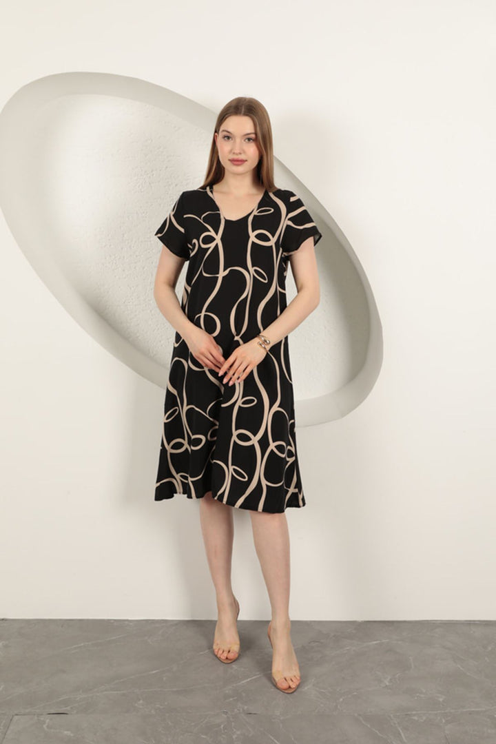 KKT Viscose Fabric Striped Patterned Dress-Black/Beige - Melbourne
