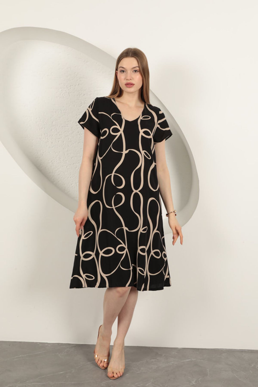 KKT Viscose Fabric Striped Patterned Dress-Black/Beige - Melbourne