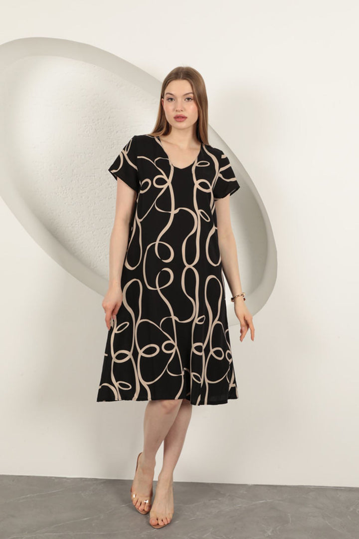 KKT Viscose Fabric Striped Patterned Dress-Black/Beige - Melbourne