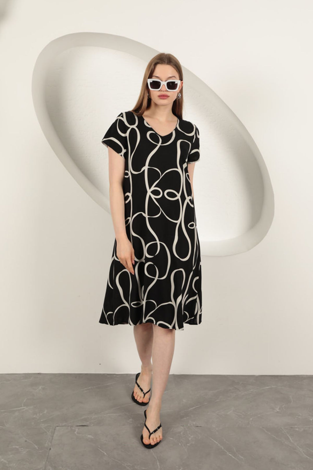 KKT Viscose Fabric Striped Patterned Dress-Black/Ecru - Tupelo