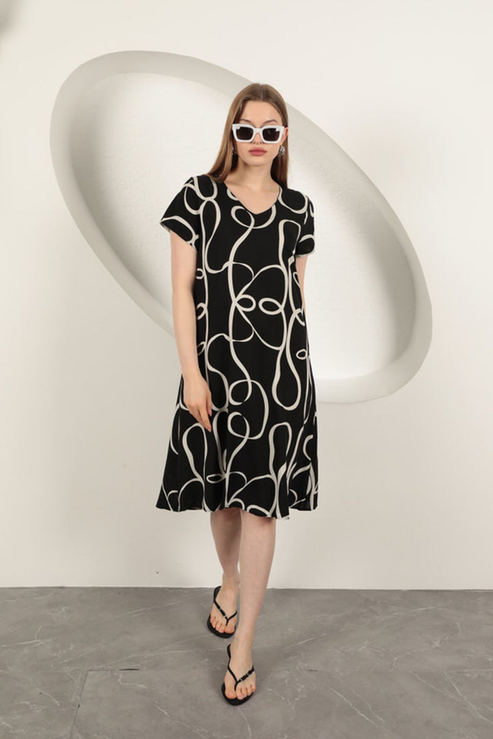 KKT Viscose Fabric Striped Patterned Dress-Black/Ecru - Tupelo