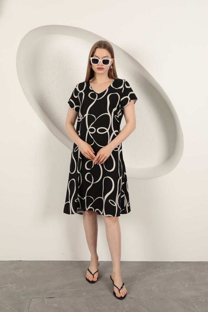 KKT Viscose Fabric Striped Patterned Dress-Black/Ecru - Tupelo