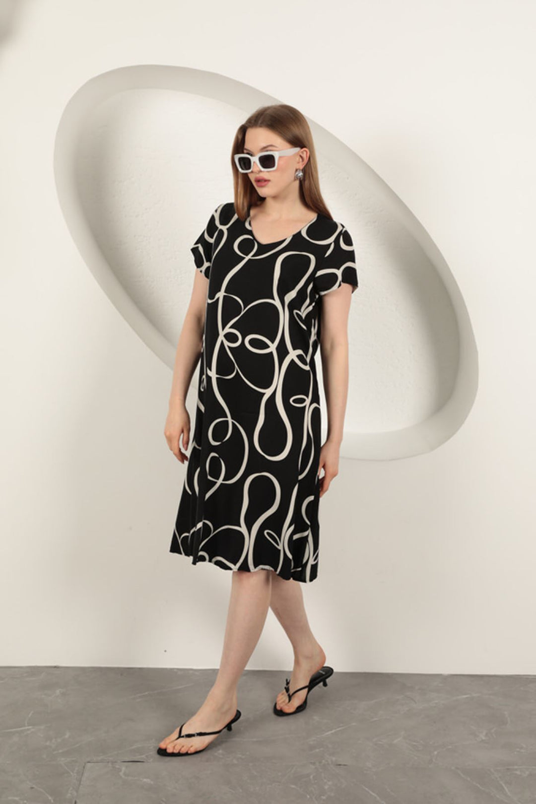 KKT Viscose Fabric Striped Patterned Dress-Black/Ecru - Tupelo
