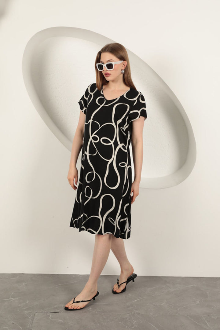 KKT Viscose Fabric Striped Patterned Dress-Black/Ecru - Tupelo