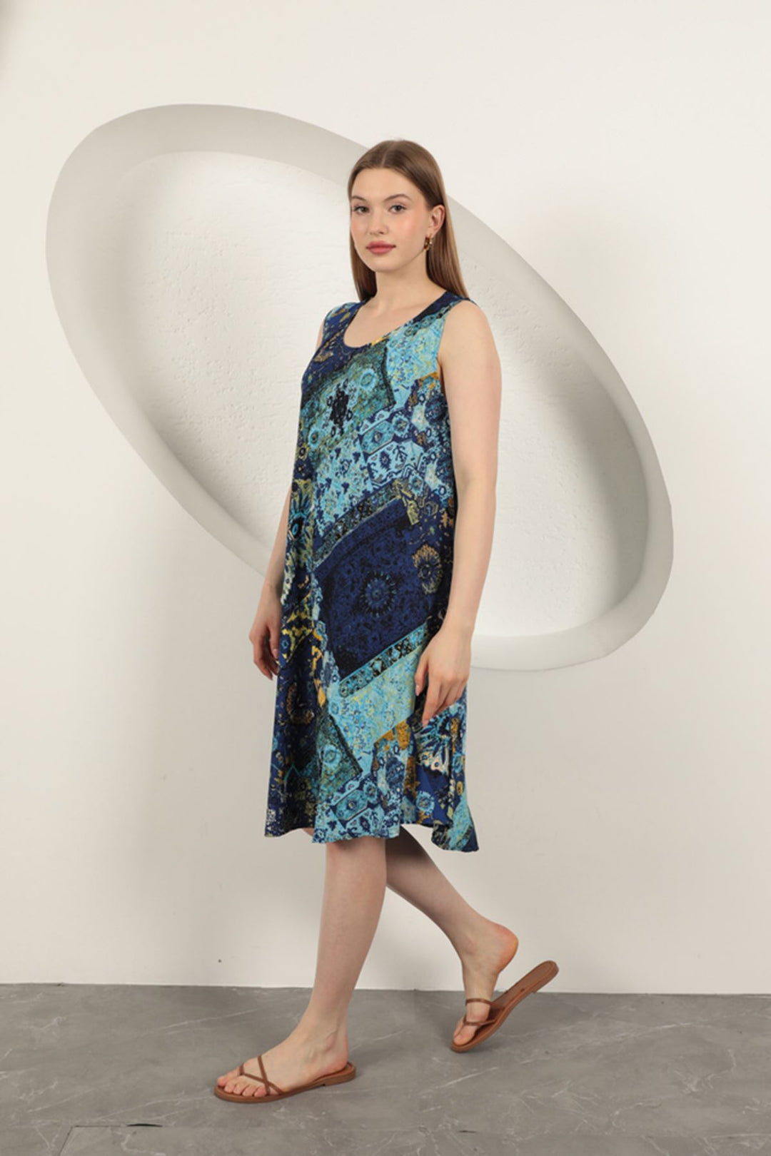KKT Viscose Fabric Ethnic Patterned Dress-Sax - Rende