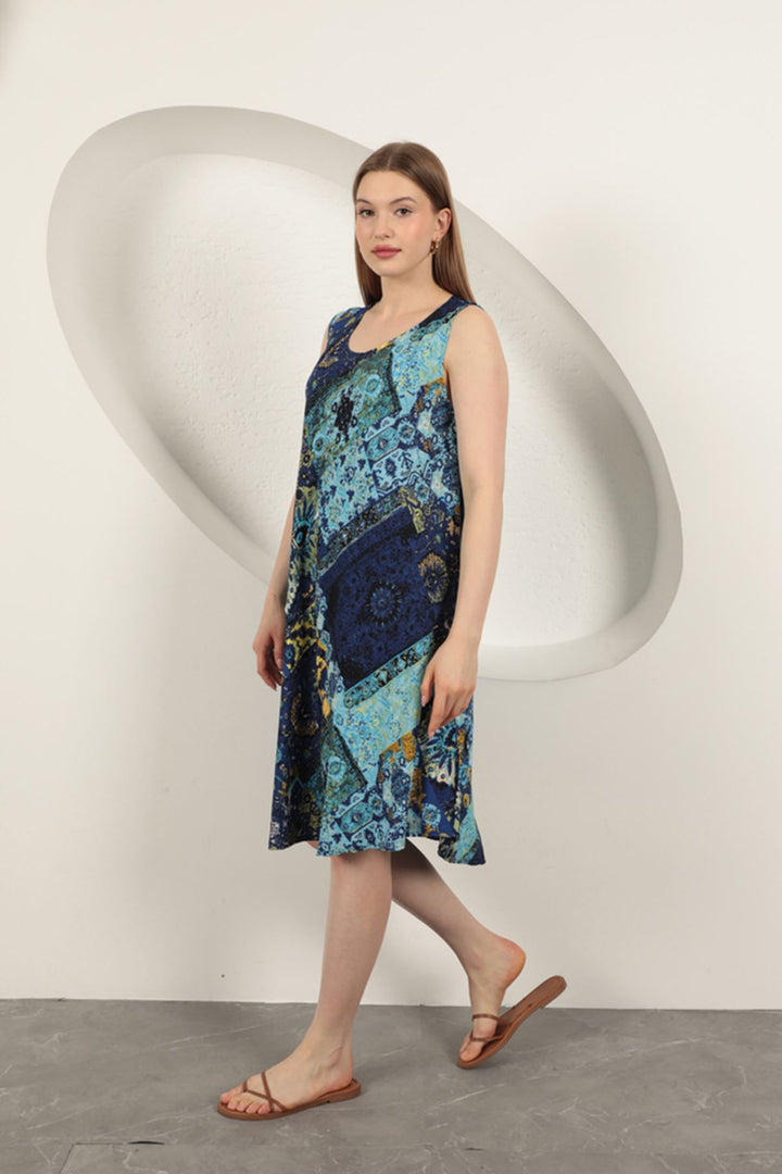 KKT Viscose Fabric Ethnic Patterned Dress-Sax - Rende