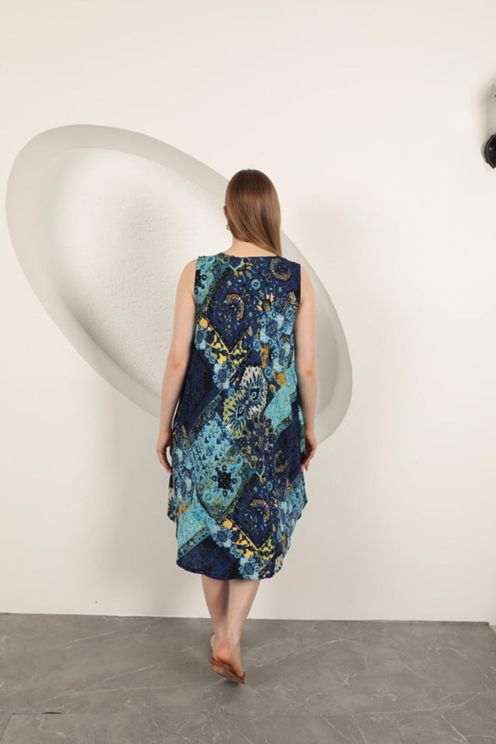 KKT Viscose Fabric Ethnic Patterned Dress-Sax - Rende