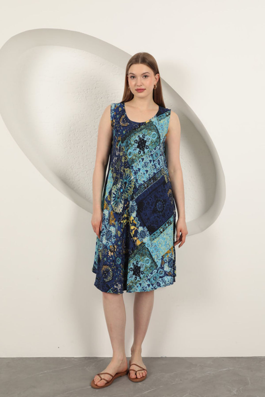 KKT Viscose Fabric Ethnic Patterned Dress-Sax - Rende