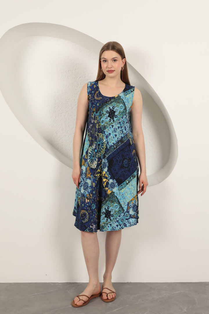 KKT Viscose Fabric Ethnic Patterned Dress-Sax - Rende