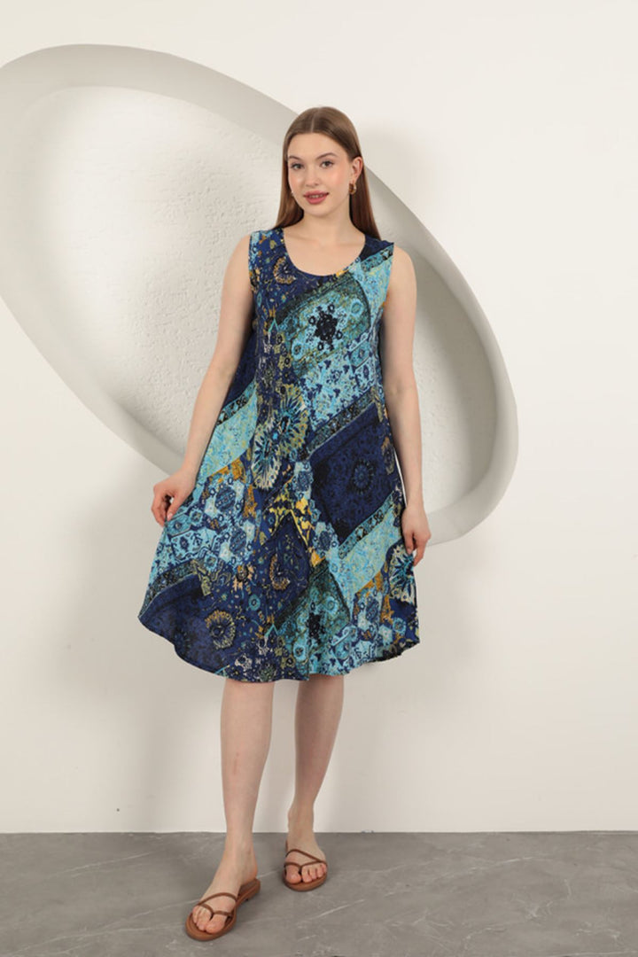 KKT Viscose Fabric Ethnic Patterned Dress-Sax - Rende