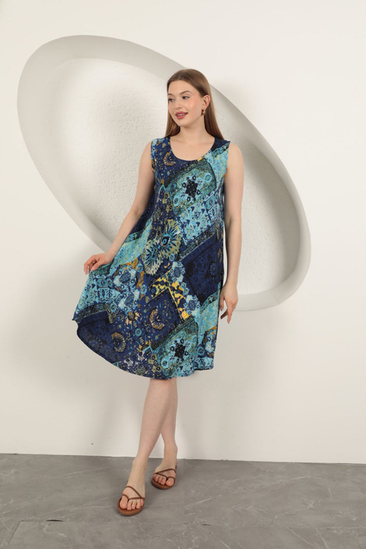 KKT Viscose Fabric Ethnic Patterned Dress-Sax - Rende