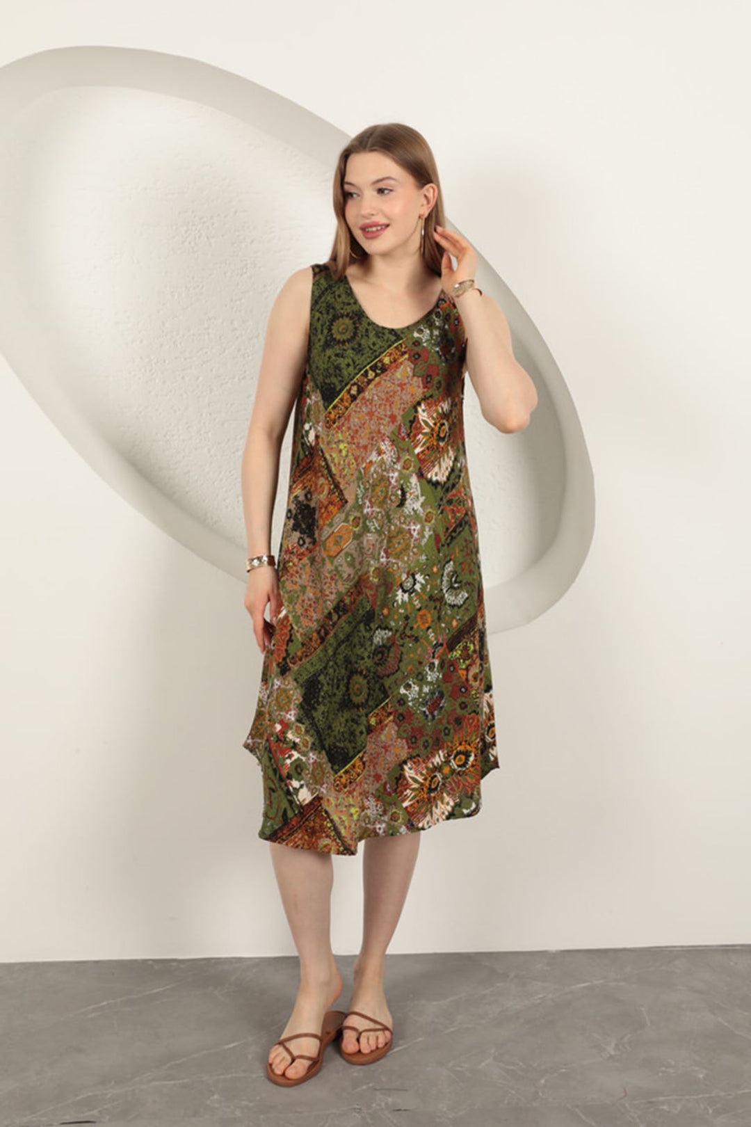 KKT Viscose Fabric Ethnic Patterned Dress-Green - Palm Bay