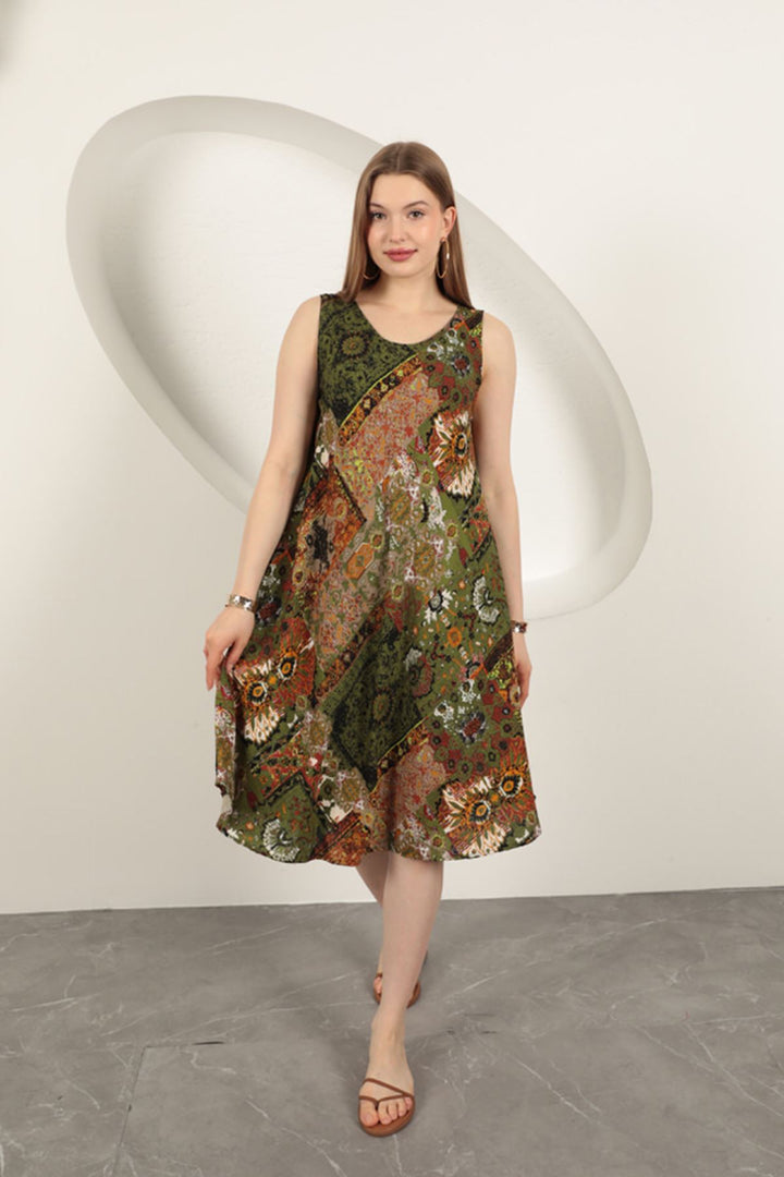 KKT Viscose Fabric Ethnic Patterned Dress-Green - Palm Bay