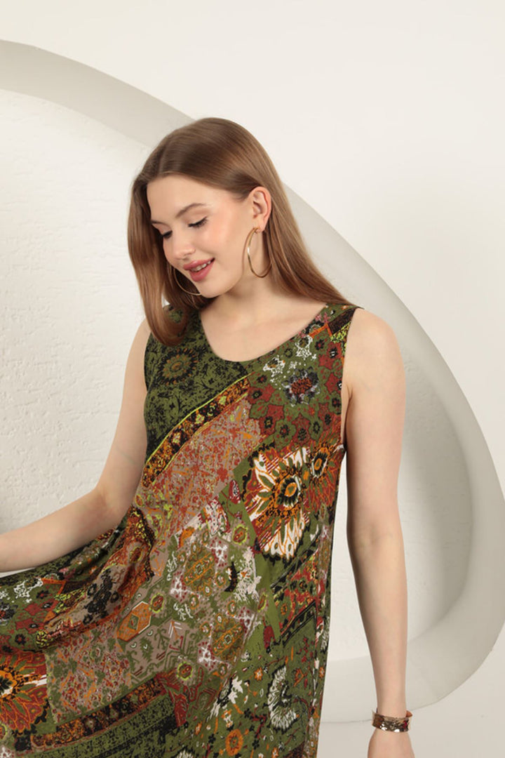 KKT Viscose Fabric Ethnic Patterned Dress-Green - Palm Bay