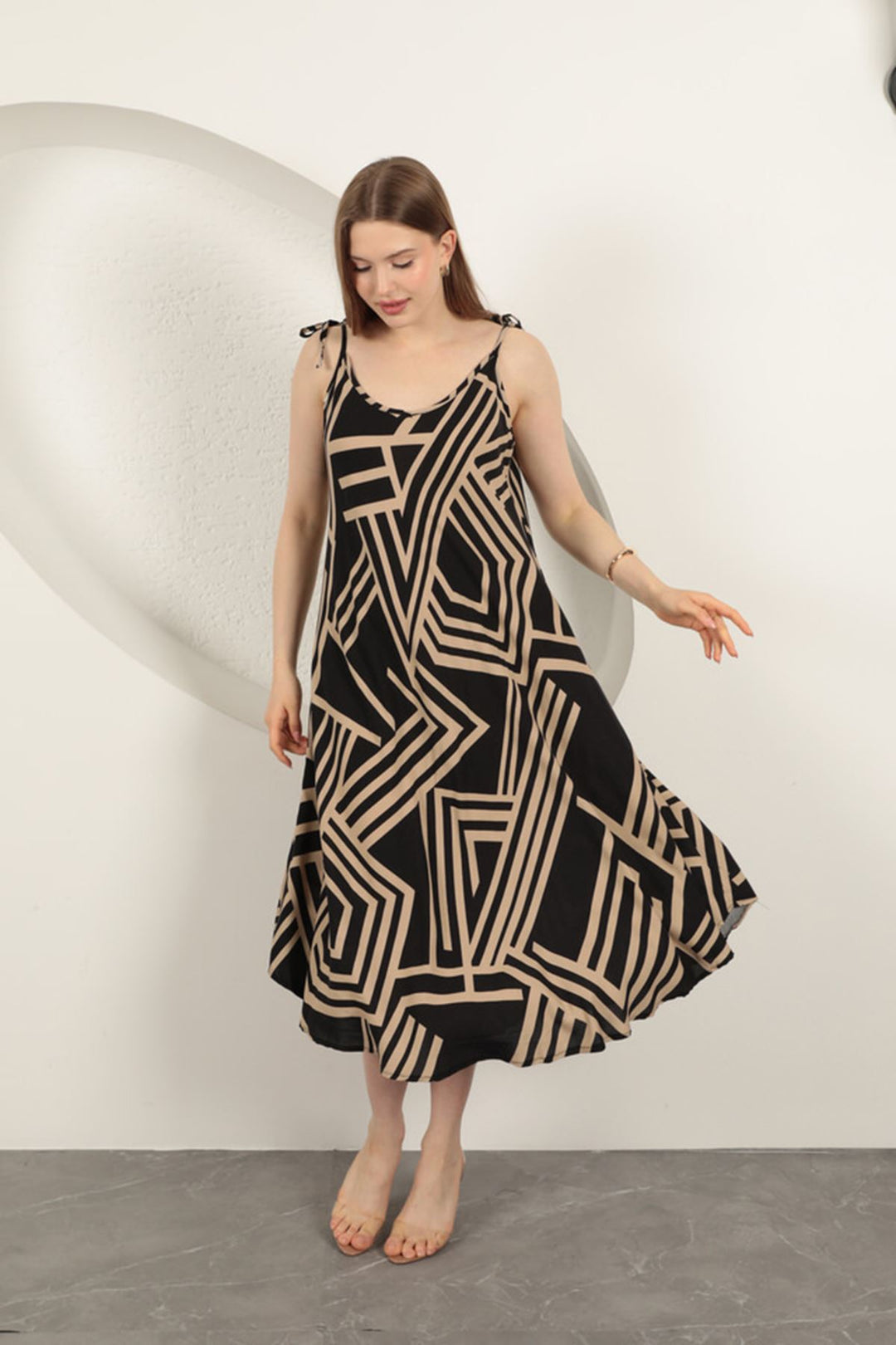 KKT Viscose Fabric Striped Dress-Beige - Austin
