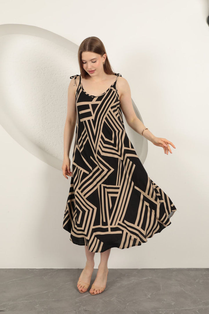 KKT Viscose Fabric Striped Dress-Beige - Austin